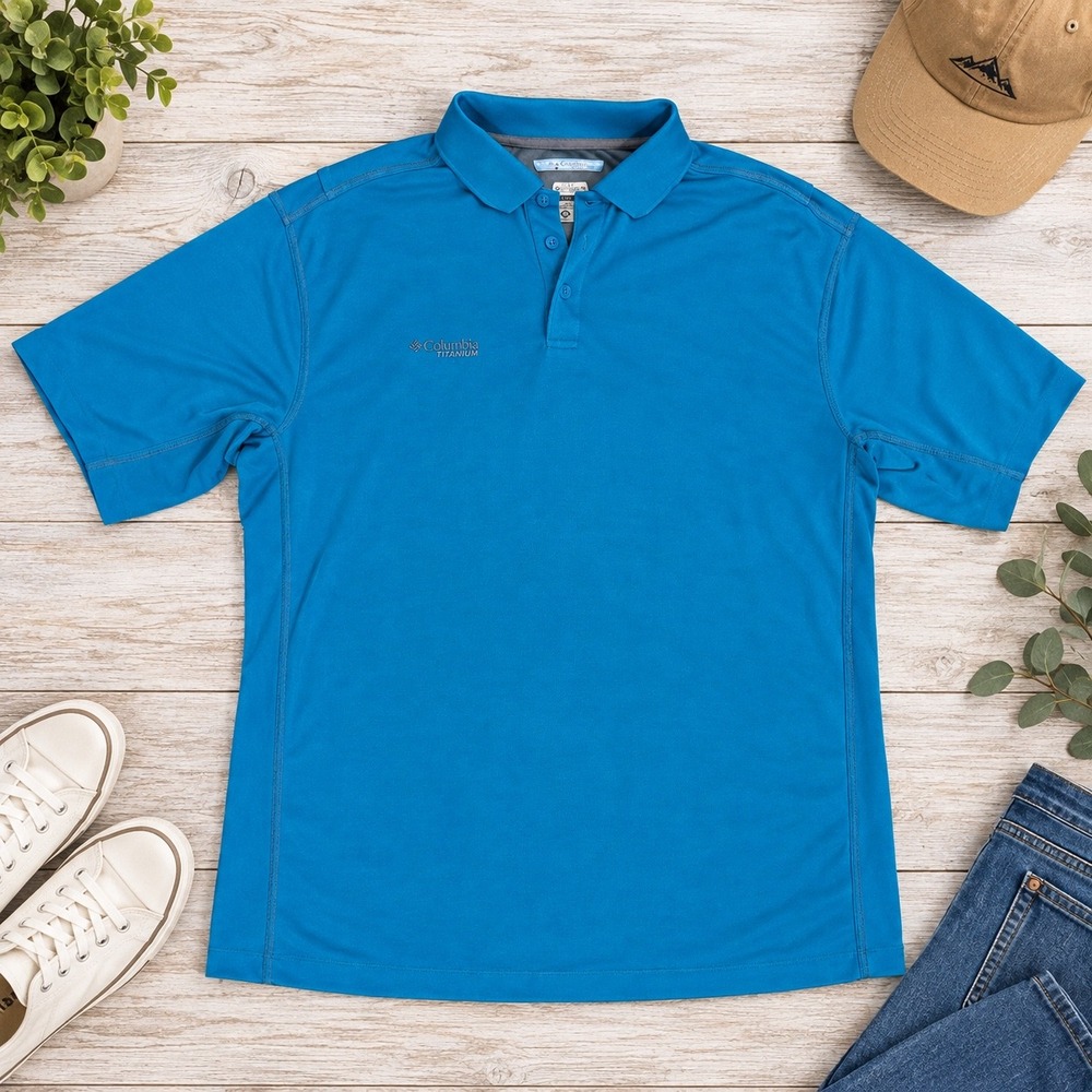 Columbia Titanium Omni-Freeze Polo Shirt Mens XL Blue Short Sleeve Hiking Golf
